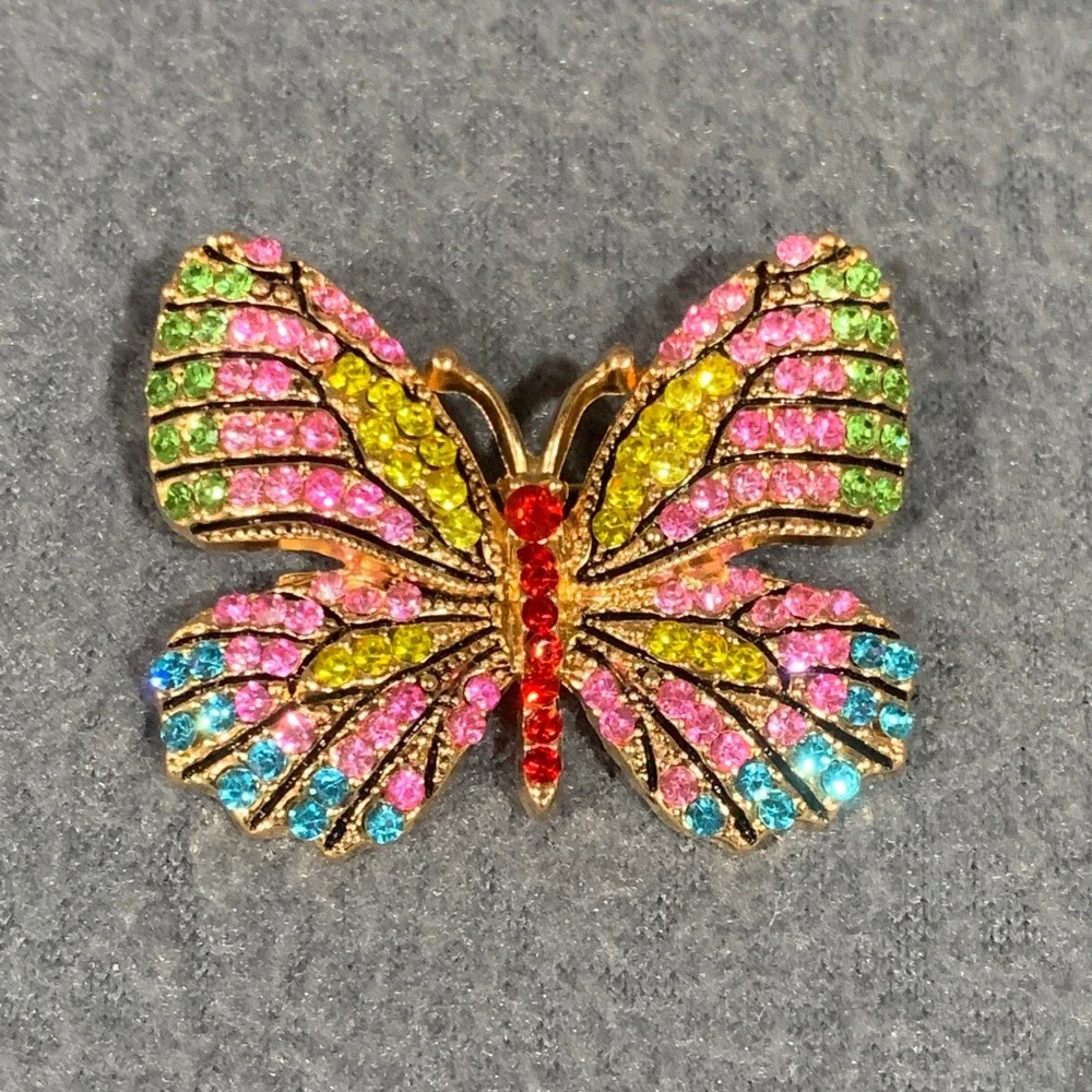 Butterfly Rhinestone Brooch Pin Pink Yellow Green Blue Rainbow Sparkle Fairycore